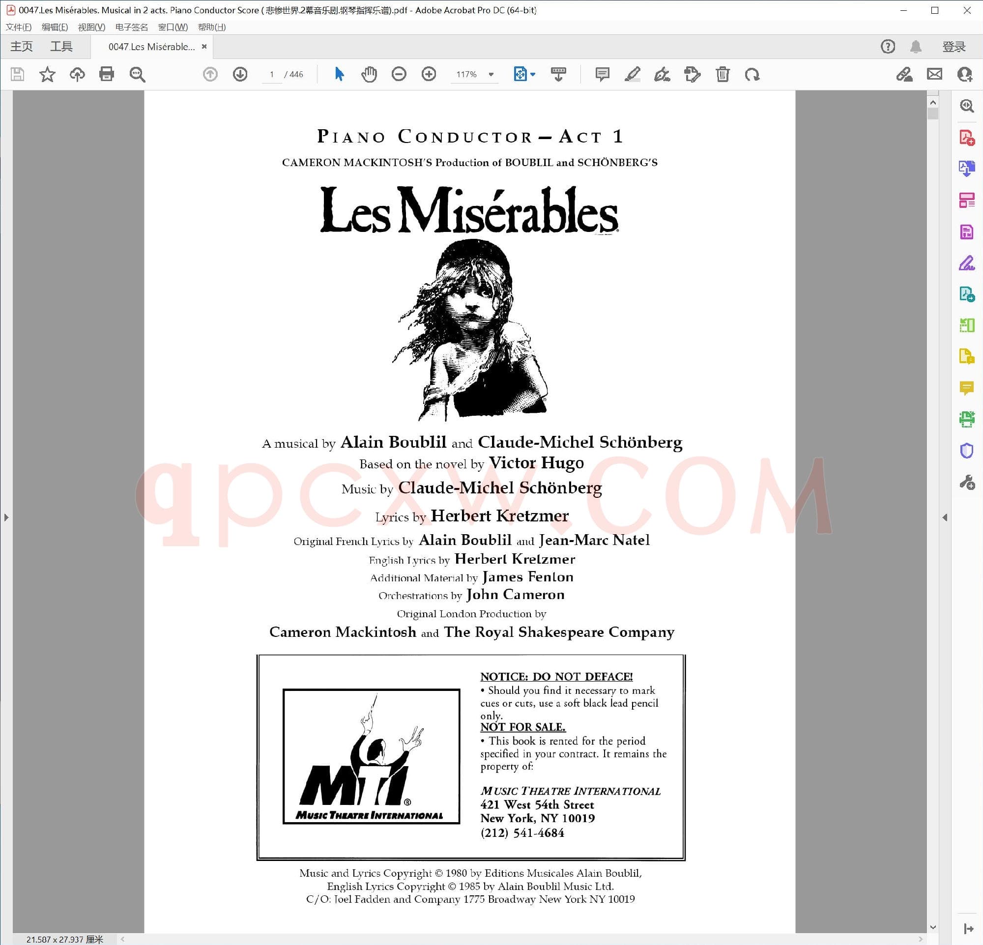 英文原版钢琴曲谱电子书 | 悲惨世界两幕音乐剧钢琴指挥总谱.PDF|6.11 MB|电子版下载