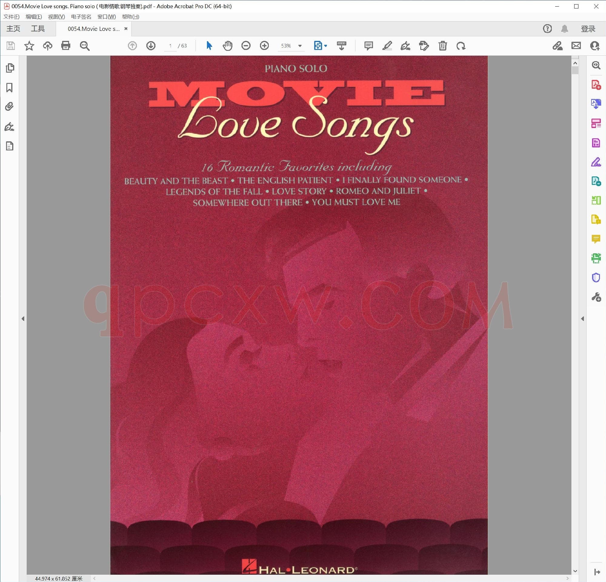 英文原版钢琴曲谱电子书 | 电影情歌钢琴独奏.PDF|2.62 MB|电子版下载