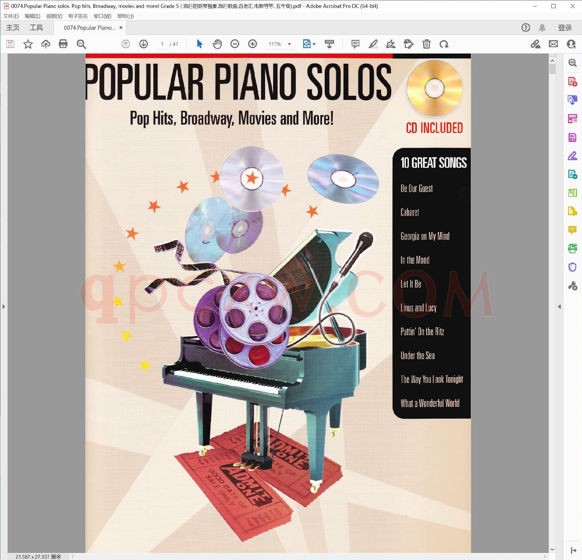 英文原版钢琴曲谱电子书 | 流行钢琴独奏流行金曲百老汇电影等第五级.PDF|32.41 MB|电子版下载