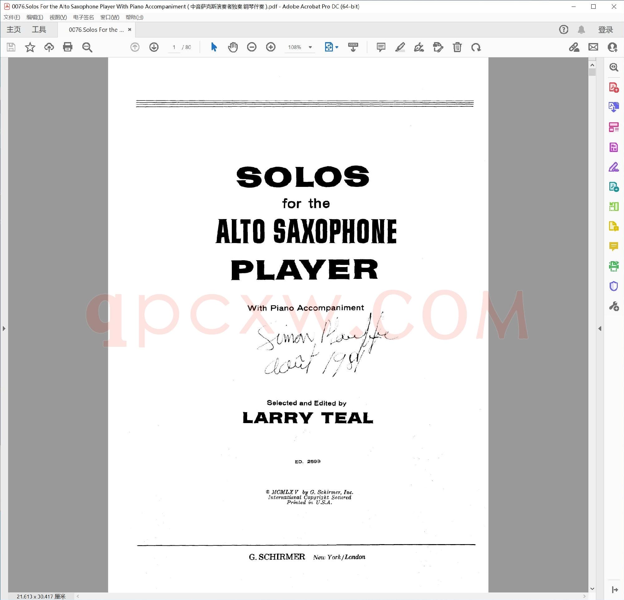 英文原版钢琴曲谱电子书 | 中音萨克斯演奏者独奏曲集(附钢琴伴奏).PDF|3.32 MB|电子版下载